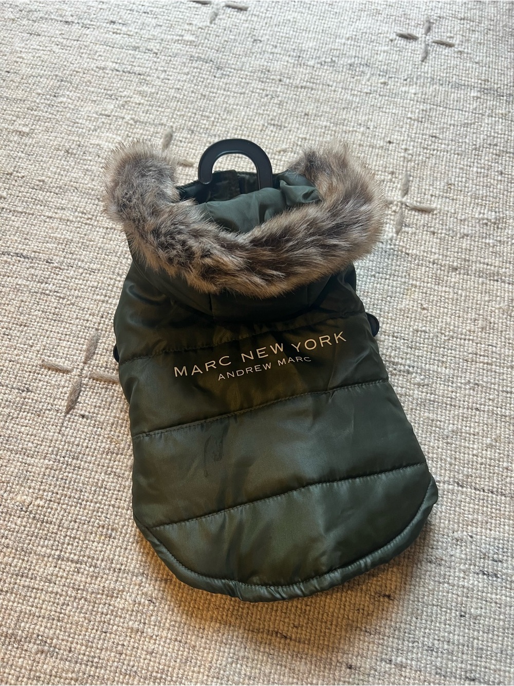 Marc New York Olive Green Quilted Dog Coat with Faux Fur Hood